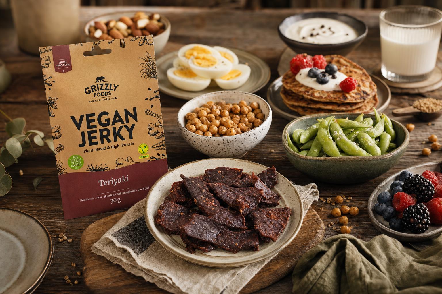 Verschiedene proteinreiche Snacks wie Beef Jerky, Kichererbsen, Eier, Edamame, Pancakes, Beeren und Joghurt auf Holztisch angerichtet