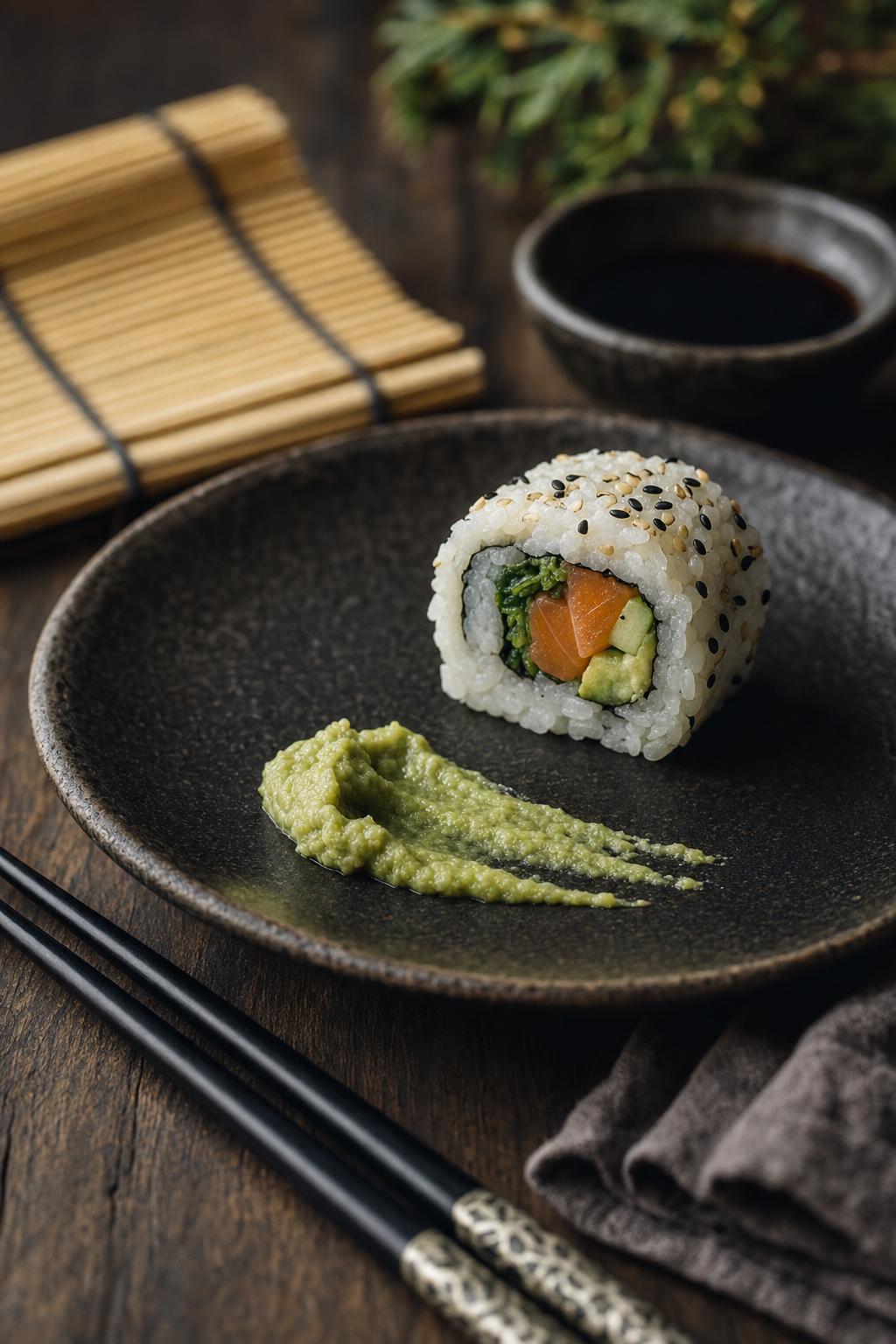 echter Wasabi – Sushirolle auf schwarzem Teller mit grünem Wasabi und schwarzen Essstäbchen, im Hintergrund Bambusmatte auf Holz.