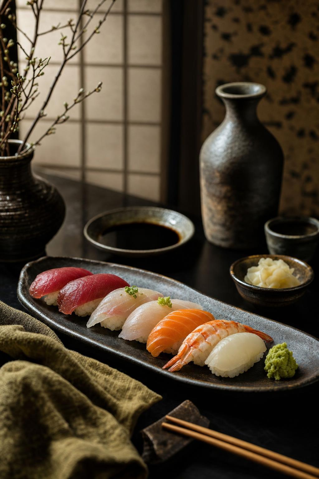 echter Wasabi – Sushi auf einem Teller, begleitet von grünem Wasabi, eingelegtem Ingwer und Sojasauce, appetitlich angerichtet auf Holzbrett.