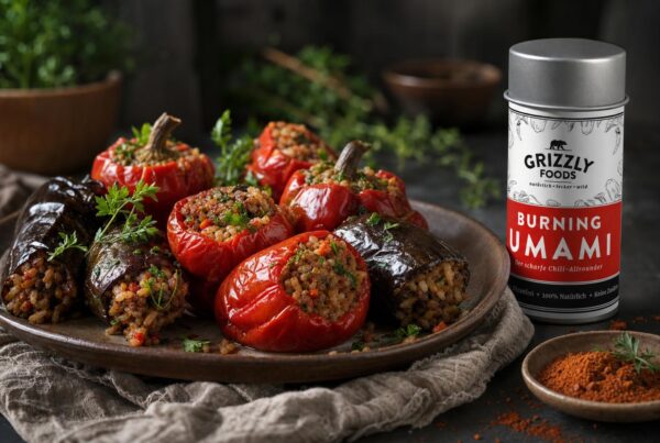 Rote Paprika und Auberginen, gefüllt mit einer Mischung aus Reis, Kräutern und Gewürzen, appetitlich angerichtet auf einem Teller.