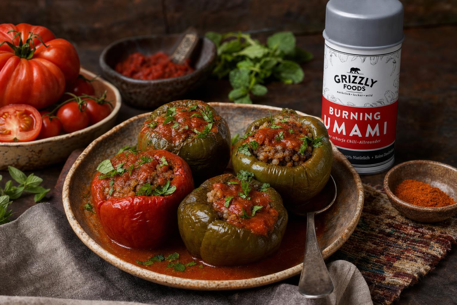 Acht mit Reis, Hackfleisch und Kräutern gefüllte Paprika, serviert auf einem Teller, garniert mit Tomatensauce und Petersilie.