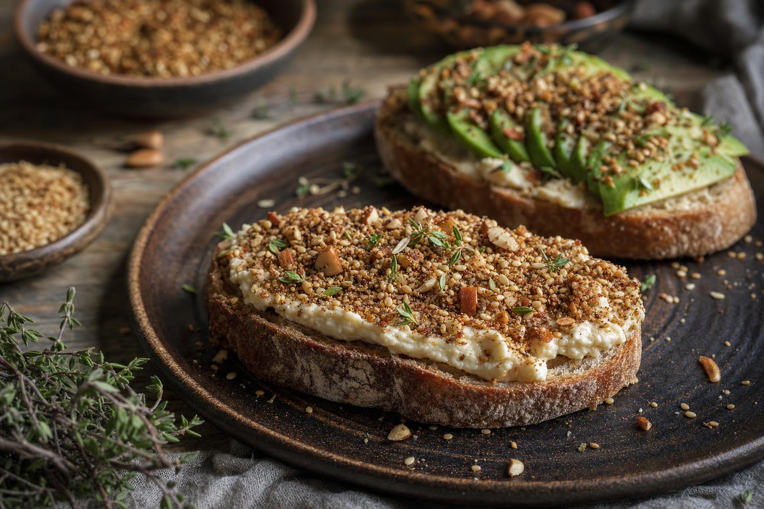 Scheibe Brot mit cremigem Aufstrich und knuspriger Dukkah-Gewürz-Nuss-Mischung, im Hintergrund Brot mit Avocado und Dukkah.