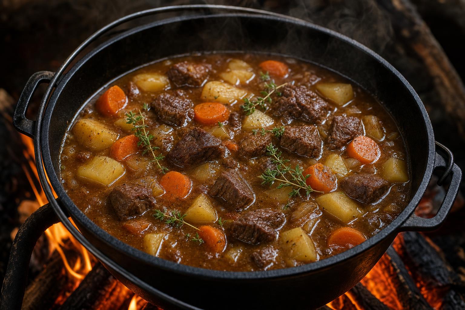 Dutch Oven Rezept: offener Camping-Eintopf mit Knochenbrühe über dem Feuer