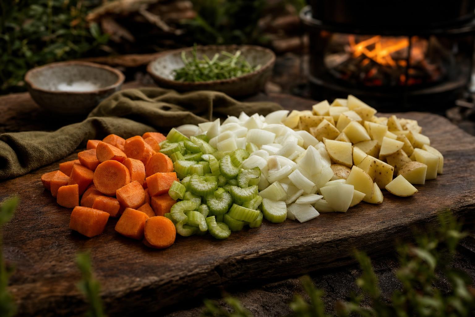 Rustikales Holzbrett mit gewürfelten Karotten, Sellerie, Zwiebeln und Kartoffeln als Vorbereitung für einen Eintopf.