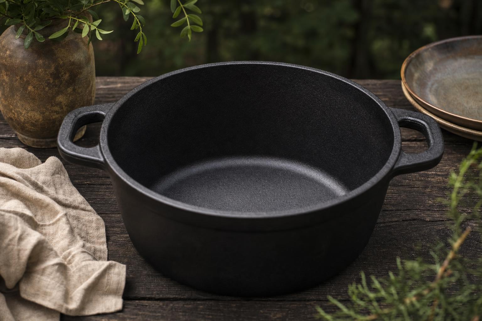 Offener leerer gusseiserner Dutch Oven auf dunklem Holztisch, Ausrüstung für Camping-Eintopf