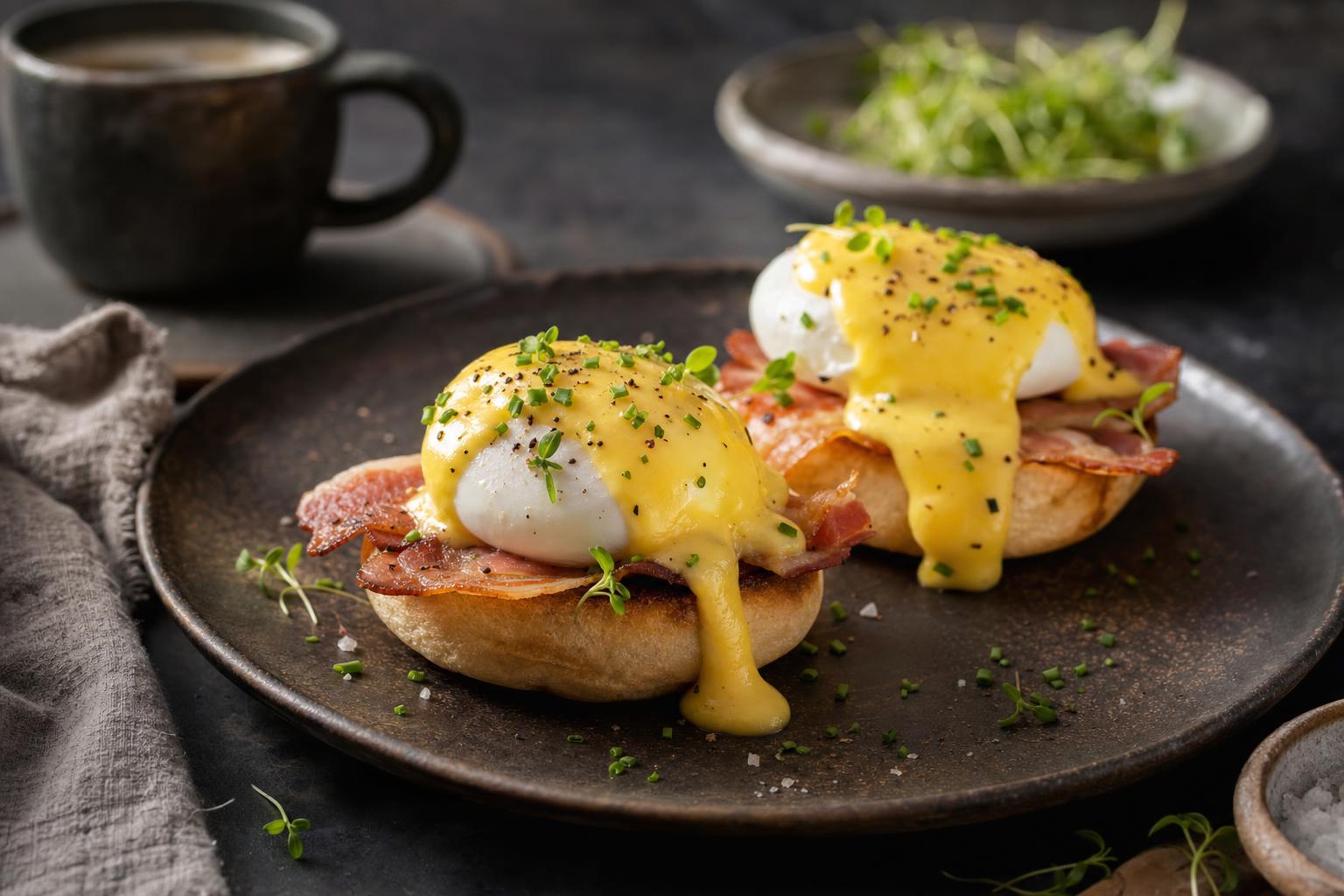 Zwei Eggs Benedict auf getoasteten Muffins mit pochierten Eiern, Hollandaise und frischen Kräutern auf dunklem Teller, im Hintergrund Frühst