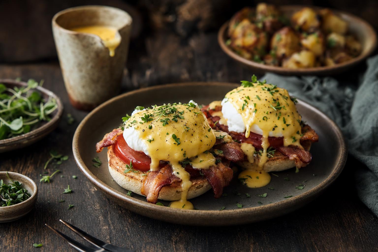 Zwei getoastete Muffin-Hälften mit Bacon, Tomate, pochiertem Ei und Hollandaise, garniert mit frischen Kräutern auf einem Teller.