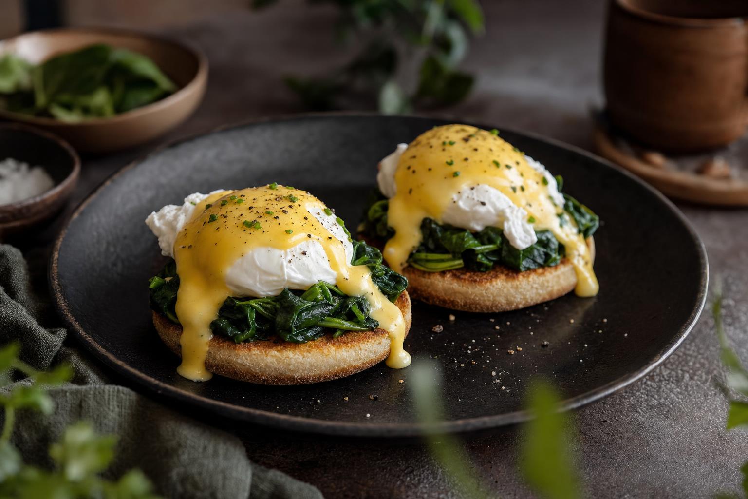 Zwei Portionen Eggs Florentine mit Spinat, pochiertem Ei und Hollandaise auf getoastetem Muffin, serviert auf Keramikteller.