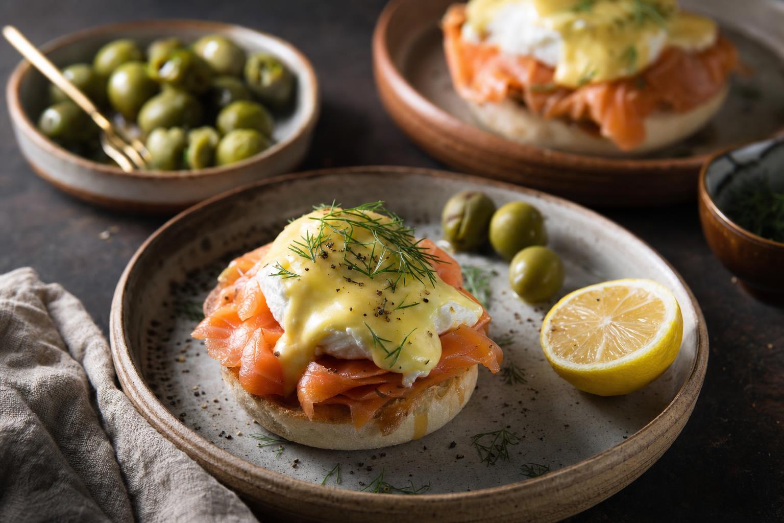 Pochierte Eier auf geräuchertem Lachs und getoasteten Muffins mit Hollandaise und Dill, dazu grüne Oliven und eine halbe Zitrone.