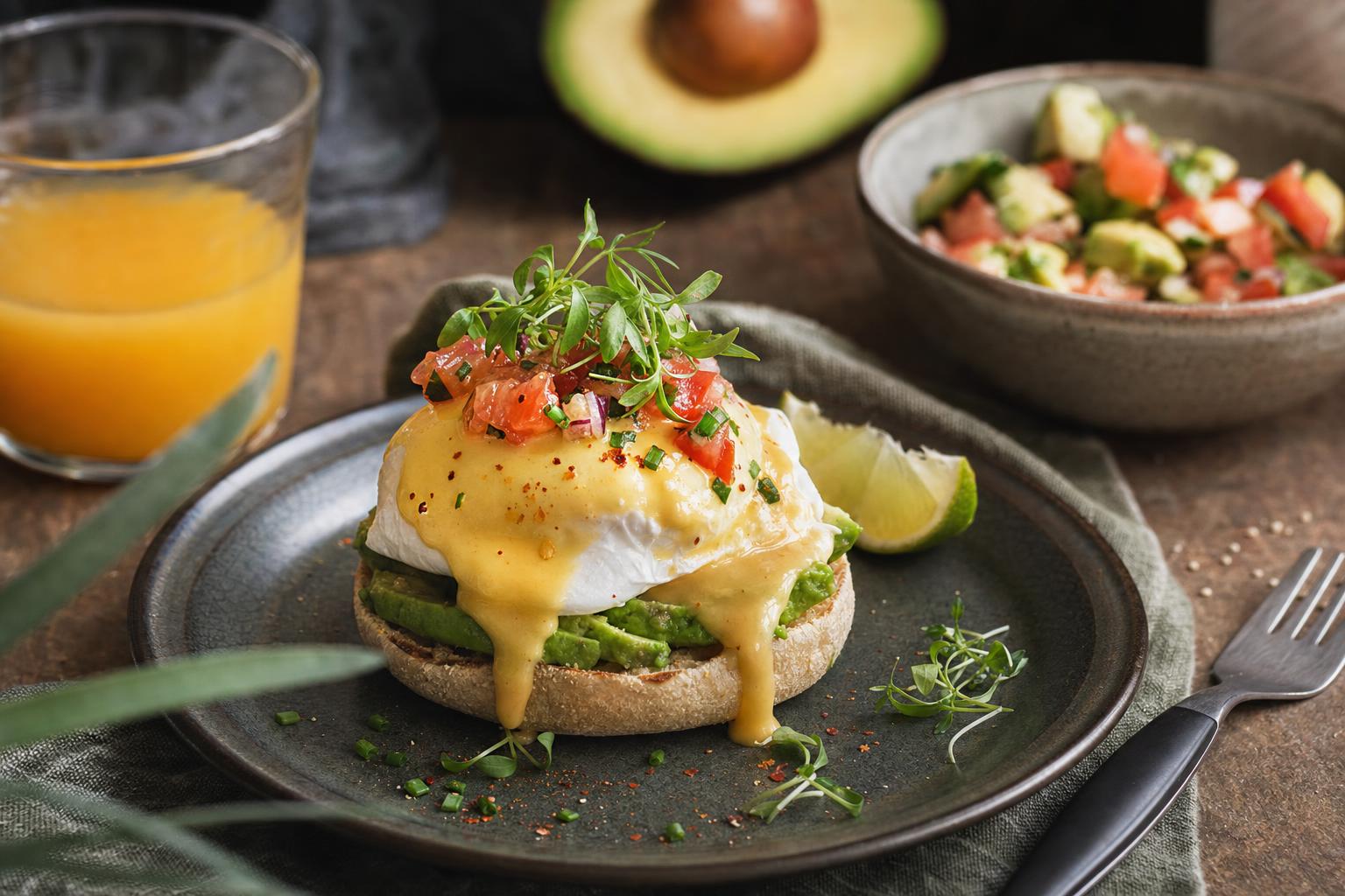 Eggs Benedict auf englischem Muffin mit Avocado, pochiertem Ei, Hollandaise, Salsa und frischen Kräutern, dazu Avocado und Orangensaft