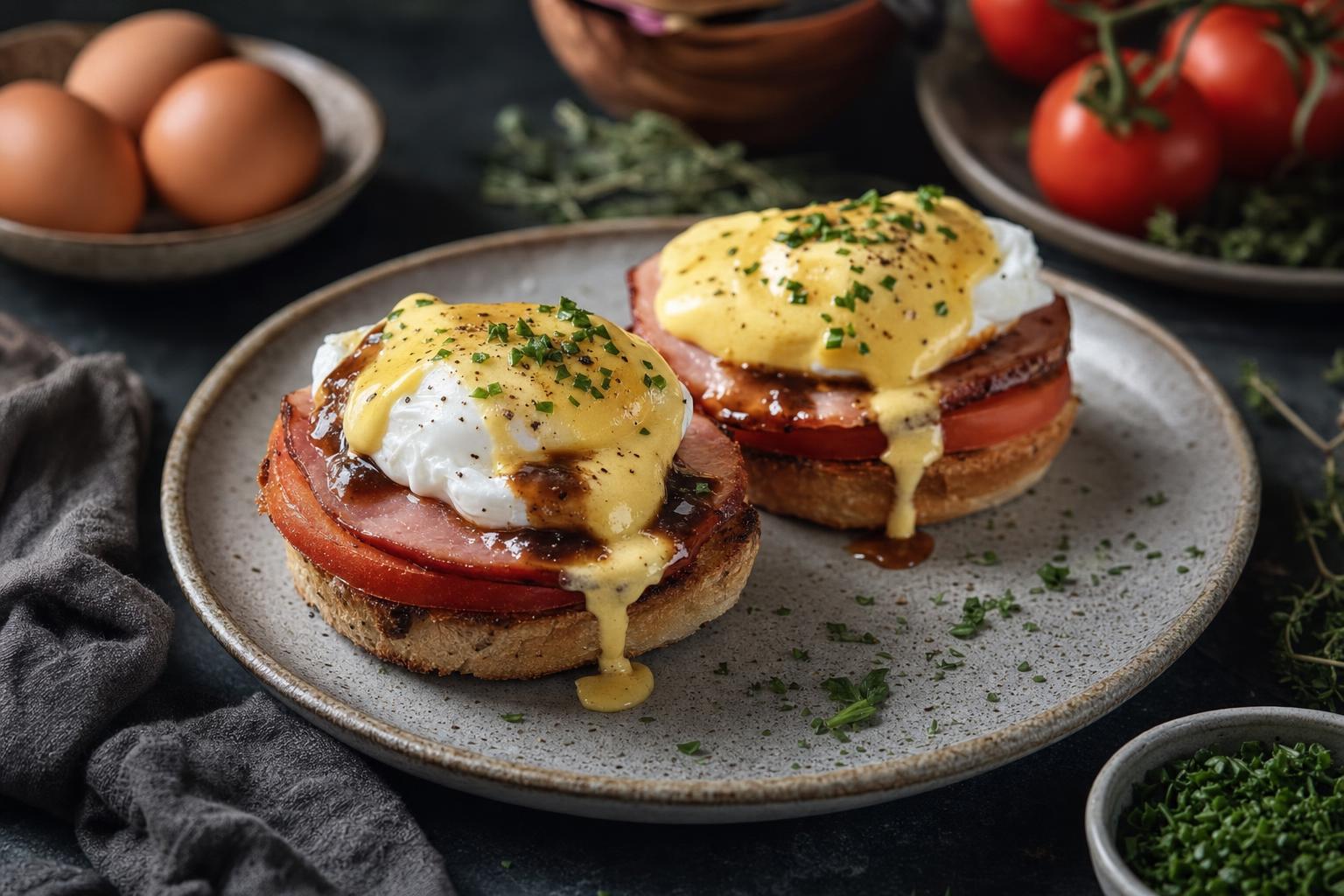 Zwei Portionen Eggs Hussarde auf geröstetem Brot mit Tomaten, Schinken, pochiertem Ei, Bordelaise- und Hollandaise-Sauce, Kräutern.