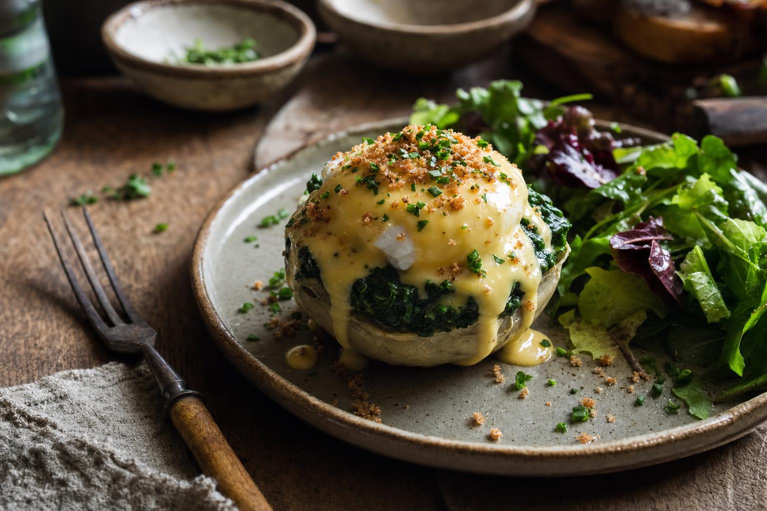 Pochiertes Ei auf cremigem Spinat und Artischockenboden, überzogen mit Hollandaise, bestreut mit Kräutern und Semmelbröseln, dazu Blattsalat