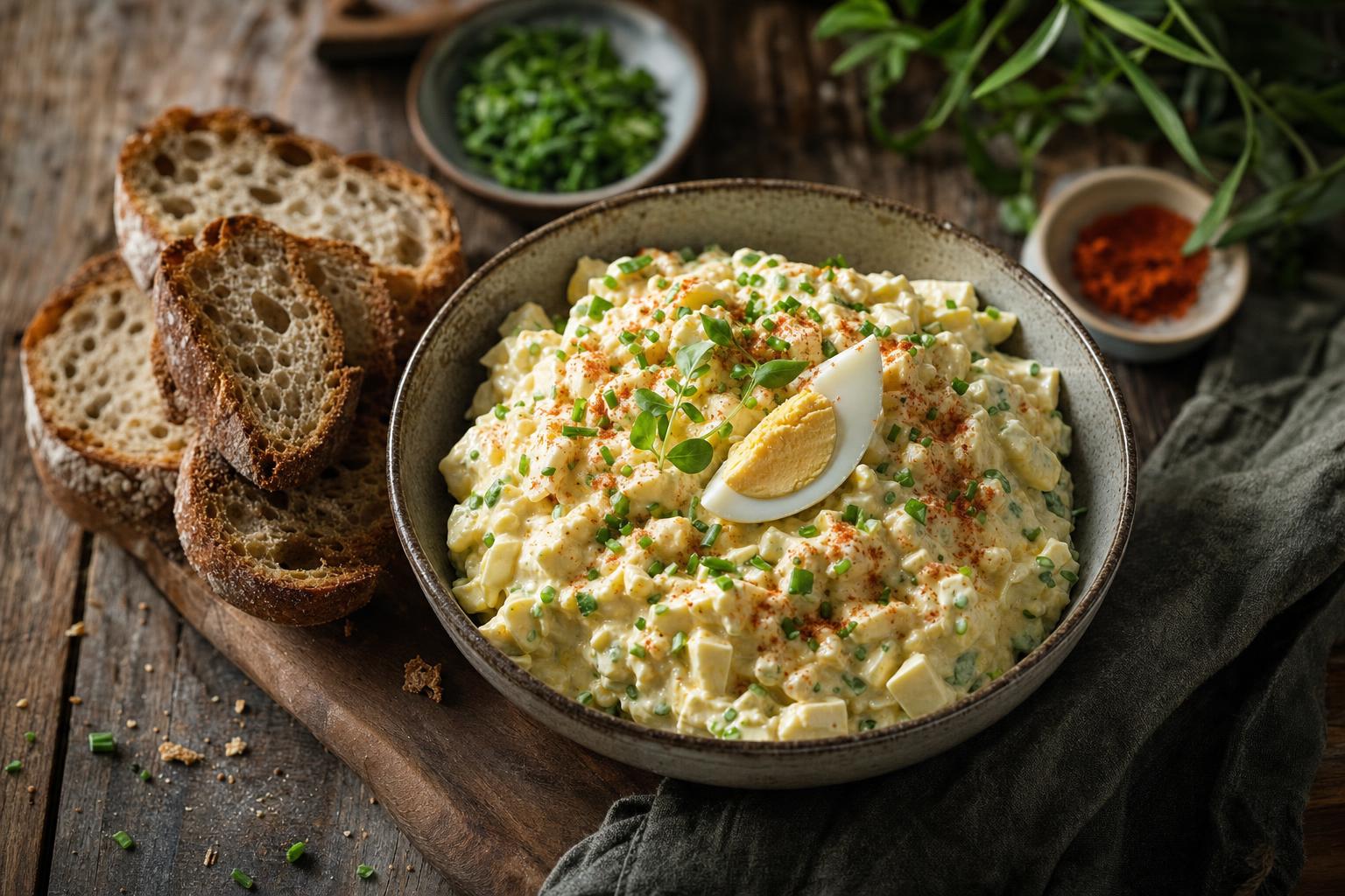 Cremiger Eiersalat in einer Schüssel, garniert mit frischen Kräutern und einem Ei-Viertel, dazu Scheiben knuspriges Brot auf Holztisch.