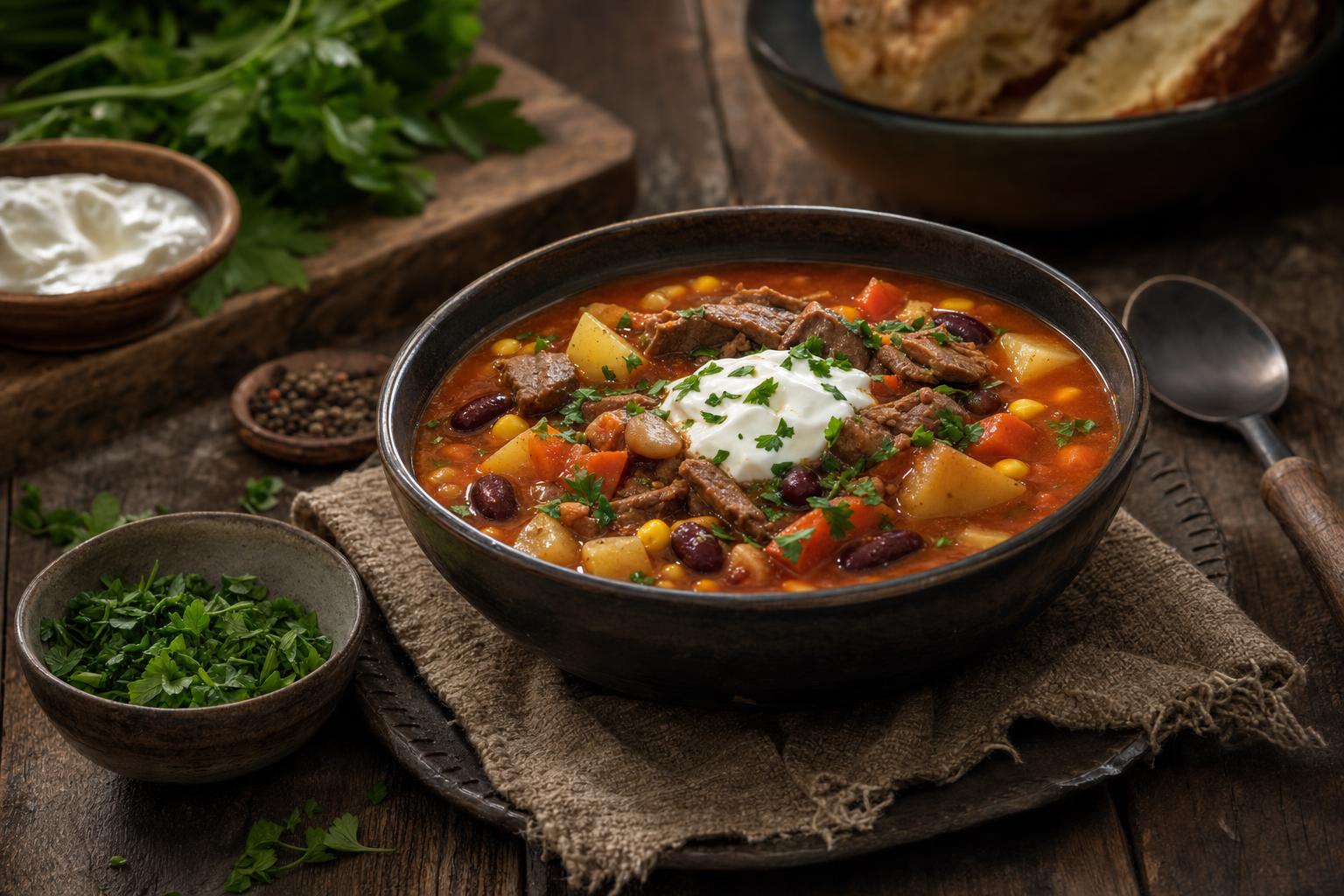 Bunte Gyrossuppe mit Fleisch, Kartoffeln, Karotten, Mais und Bohnen in einer Kasserolle, garniert mit frischer Petersilie.