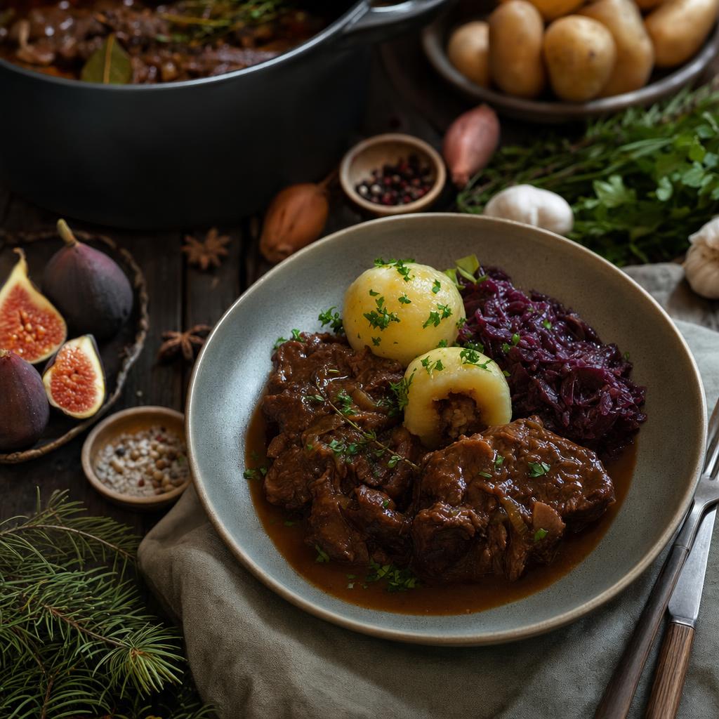 Teller mit geschmortem Fleisch in Soße, zwei Kartoffelklößen (einer aufgeschnitten, gefüllt) und Rotkohl, daneben frische Zutaten.