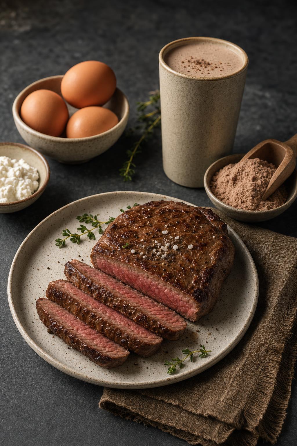 Rohes Stück Fleisch auf Holzbrett mit einer kleinen Schale grobem Salz und frischem Basilikumblatt daneben.