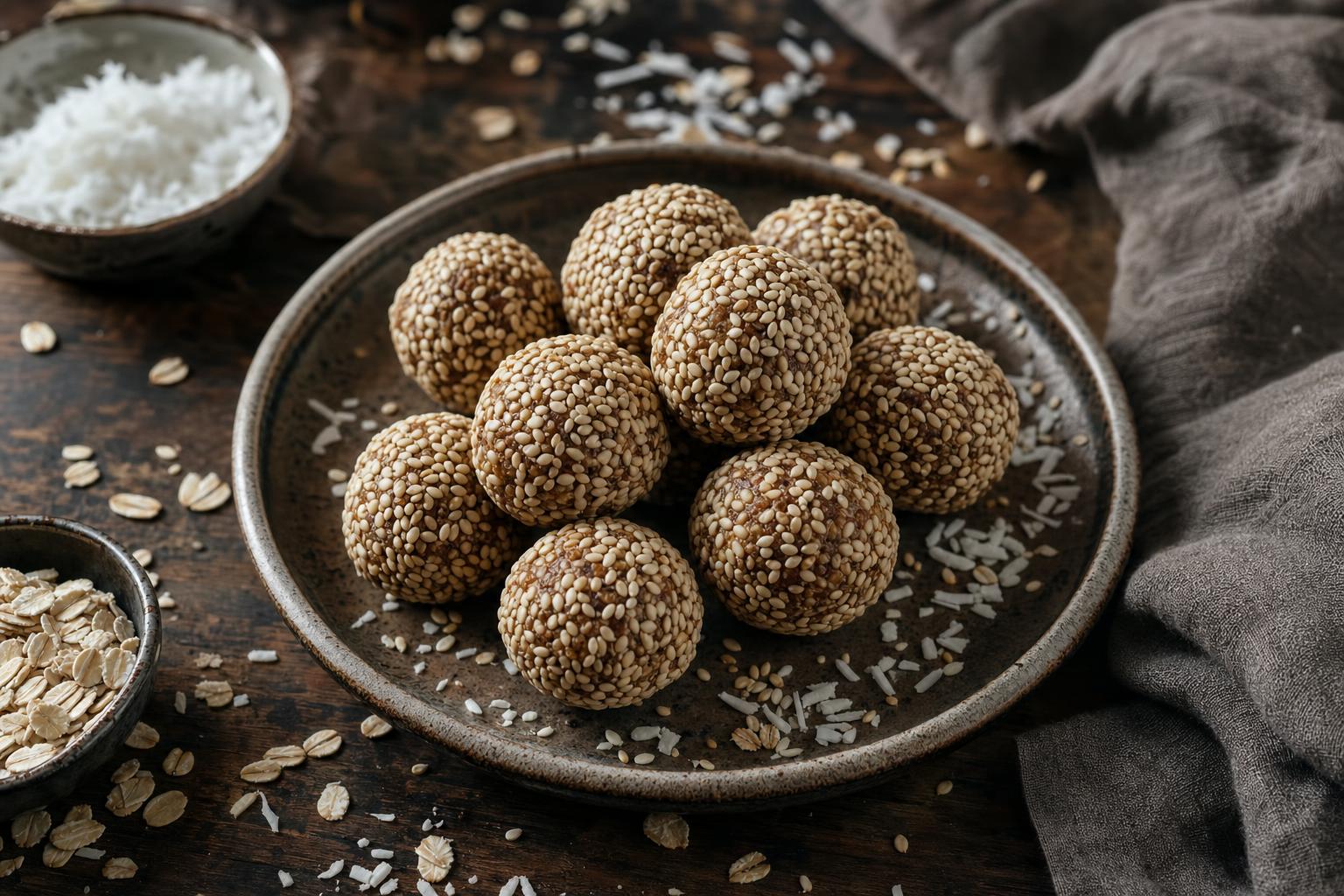 Mehrere runde Energy Balls mit Sesam umhüllt, auf rustikalem Holzbrett, umgeben von Kokosraspeln und Haferflocken.