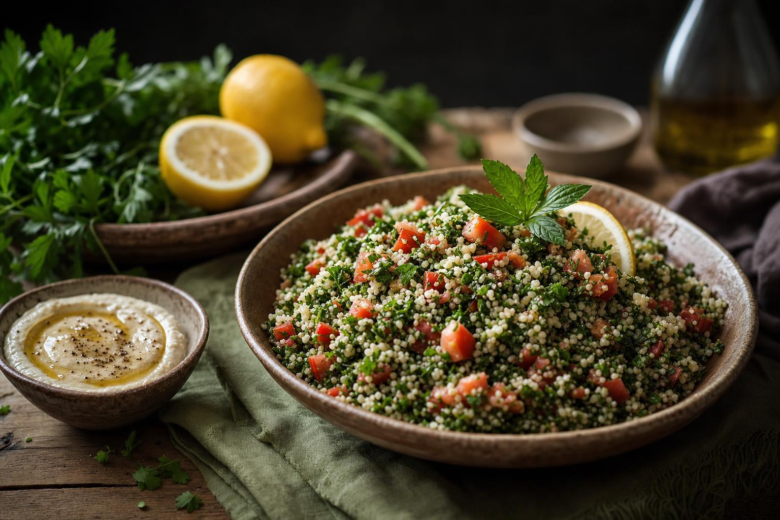 Schale mit Tabouleh-Salat, garniert mit Kräutern und Tomatenstücken, im Hintergrund Zitronen und frische Kräuter auf Holztisch