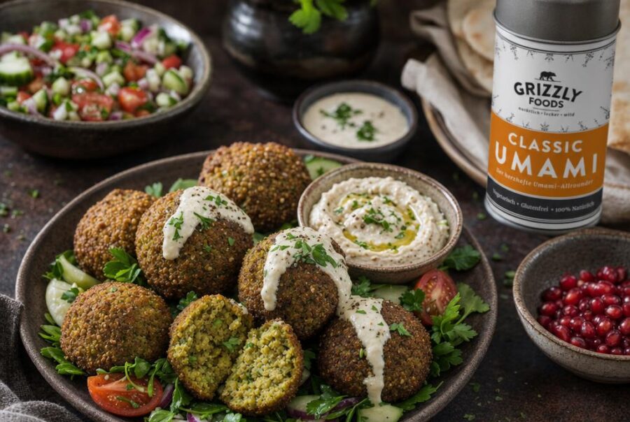 Mehrere goldbraune Falafel auf frischer Minze, garniert mit Granatapfelkernen und Joghurt-Minz-Dip, daneben ein Glas Dip mit Löffel.