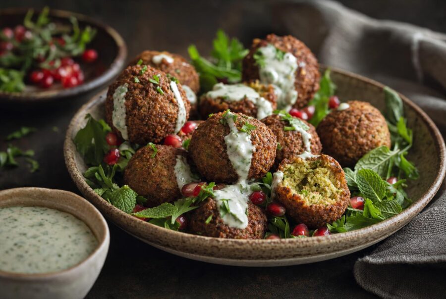 Knusprige Falafelbällchen auf frischer Minze, garniert mit Granatapfelkernen und Joghurt-Minz-Soße, daneben ein Glas Dip.