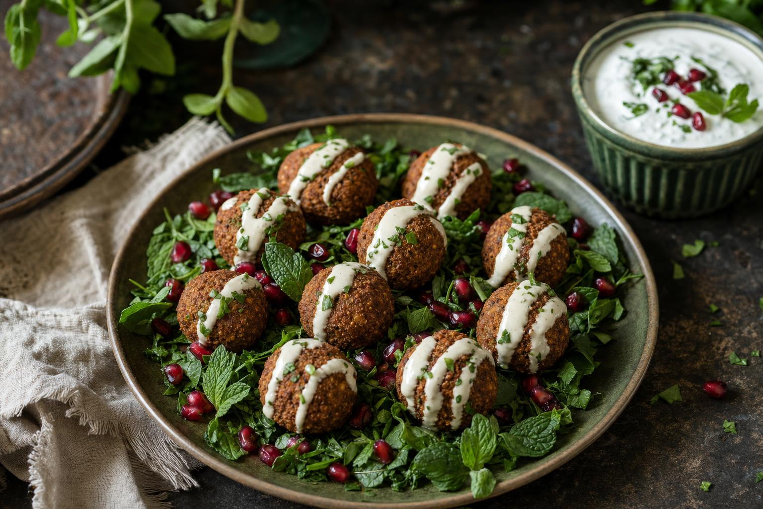 Mehrere goldbraune Falafel auf frischer Minze und Granatapfelkernen, mit Joghurt-Minz-Soße beträufelt, daneben ein Glas Joghurtdip.