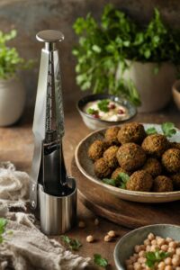 Ein Edelstahl-Falafelportionierer steht neben seiner Verpackung mit Anwendungsillustrationen und einem Foto von Falafel mit Pommes und Salat