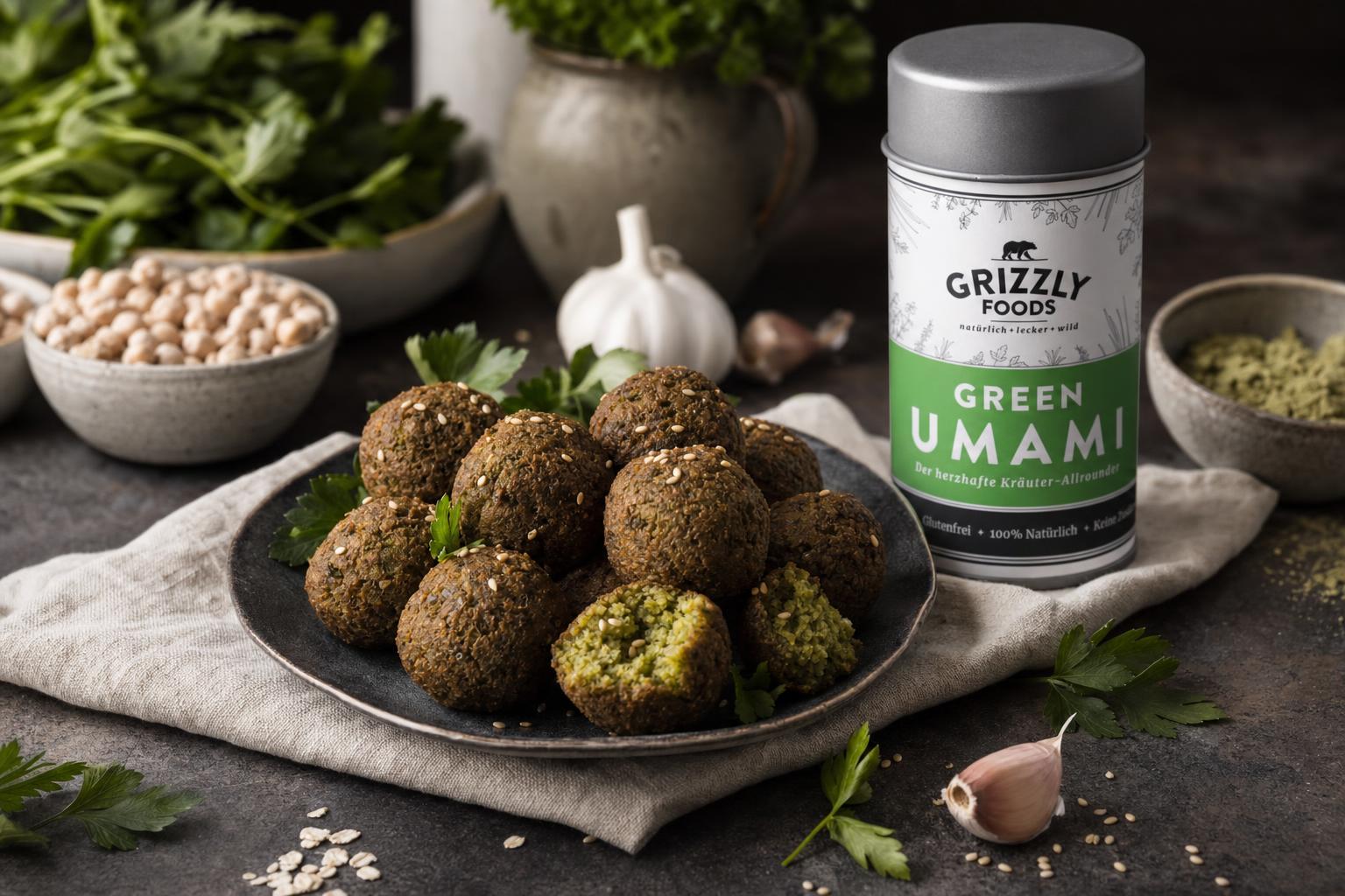 Zwölf goldbraune Falafel-Bällchen auf einem Teller, serviert mit frischer Petersilie und einem Klecks Joghurt-Dip.