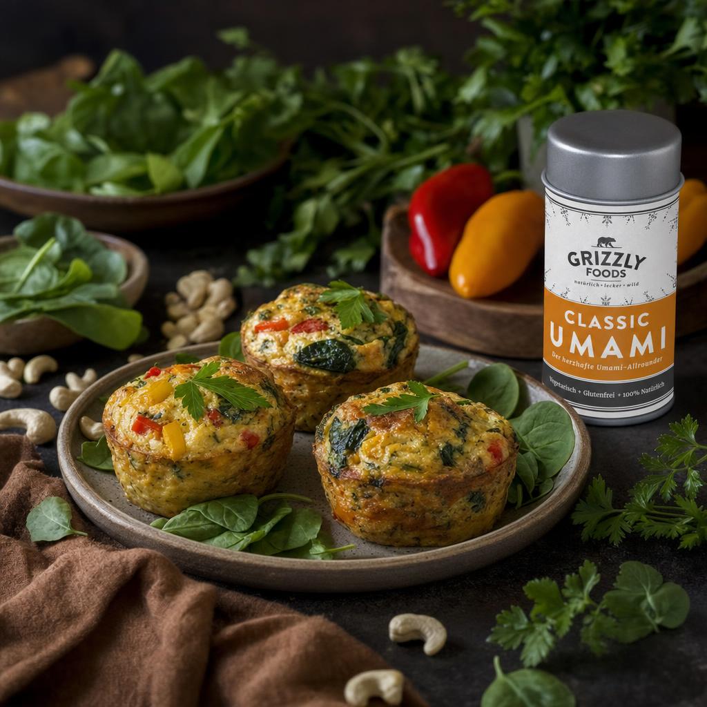 Drei Frittata Muffins auf einer Platte, umgeben von frischem Spinat, Paprika, Petersilie und Cashewkernen.