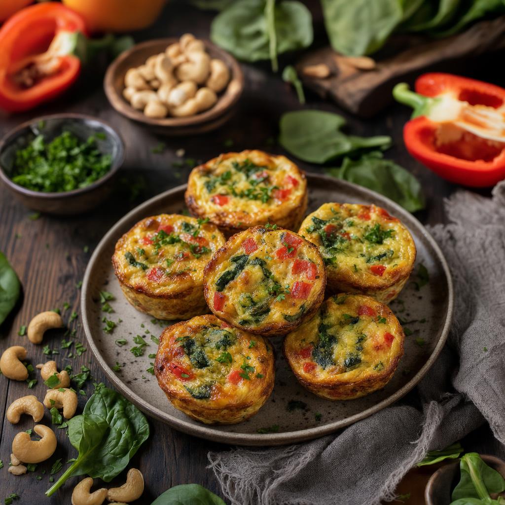 Frittata Muffin mit goldbrauner Kruste und bunter Gemüsefüllung, im Hintergrund frisches Gemüse und Kräuter auf Holztisch.