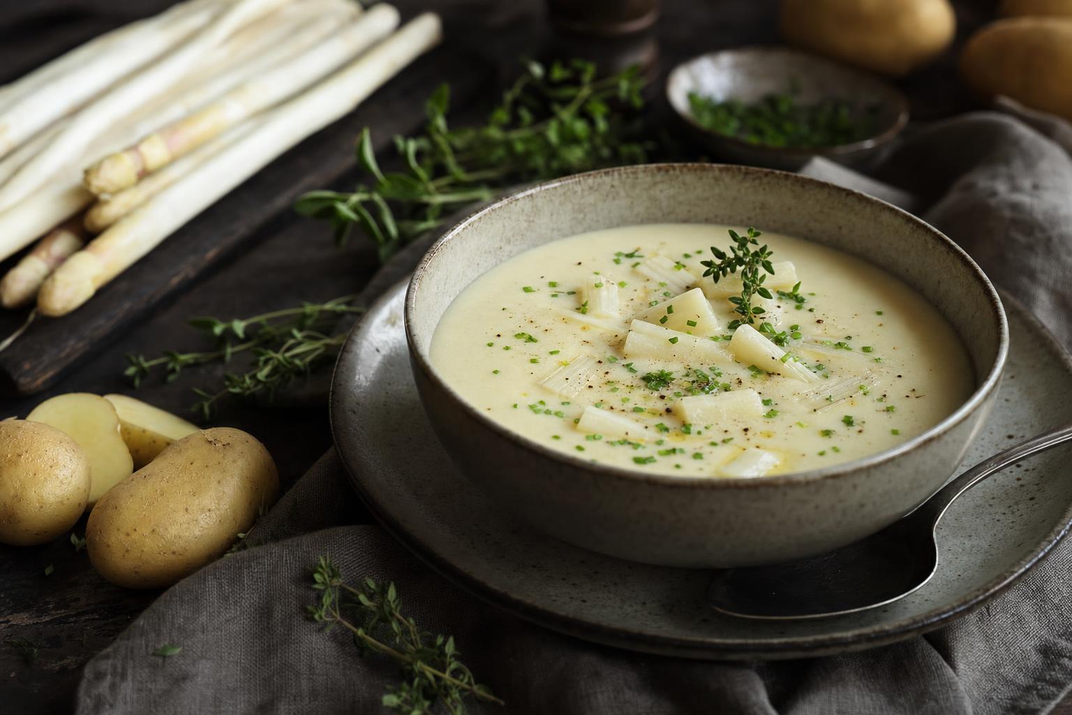 Cremige Spargelsuppe in einer Schale, garniert mit frischen Kräutern und weißen Spargelstücken, daneben Kartoffeln und roher Spargel.