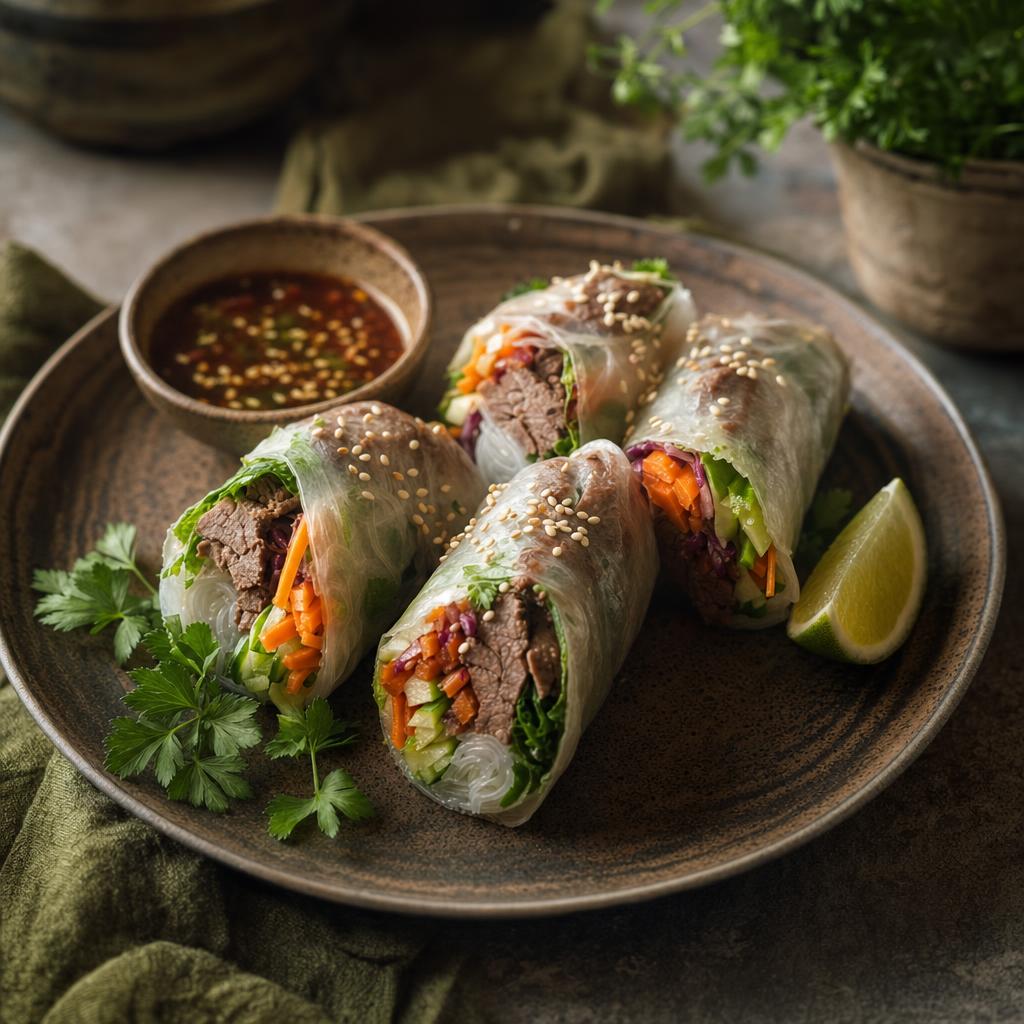 Vier koreanische Frühlingsrollen aus Reispapier mit Gemüse und Bulgogi-Rind, garniert mit Sesam, Petersilie, Limette und Dip auf dunklem Tel