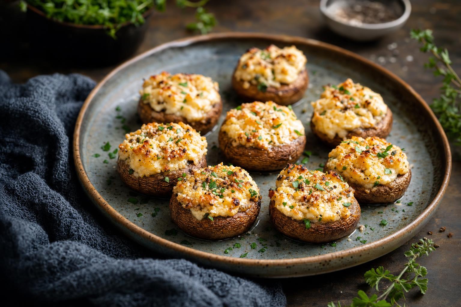 Mehrere gebackene Champignons mit cremiger Füllung, überbacken mit Käse und Kräutern, auf einem blauen Teller angerichtet.