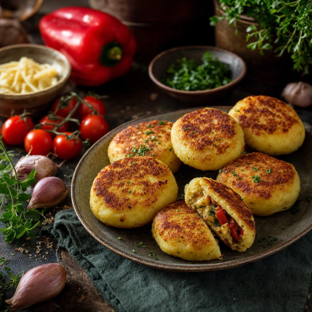 Mehrere goldbraune Kartoffelküchlein mit herzhafter Füllung, umgeben von frischem Gemüse, Kräutern und geriebenem Käse auf Backpapier.