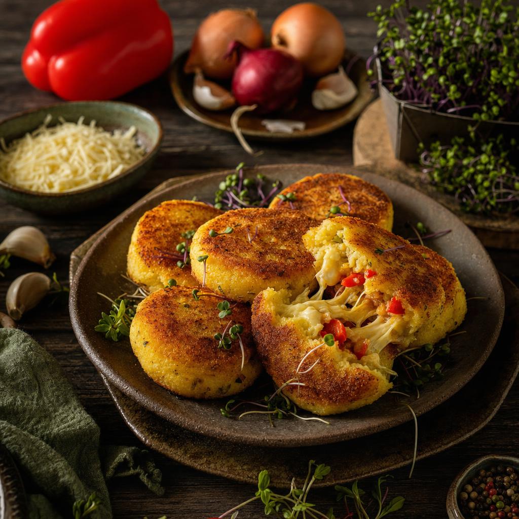 Zwei Hände brechen ein goldbraunes Kartoffelküchlein mit geschmolzener Käsefüllung auf, umgeben von frischen Zutaten auf Holztisch.