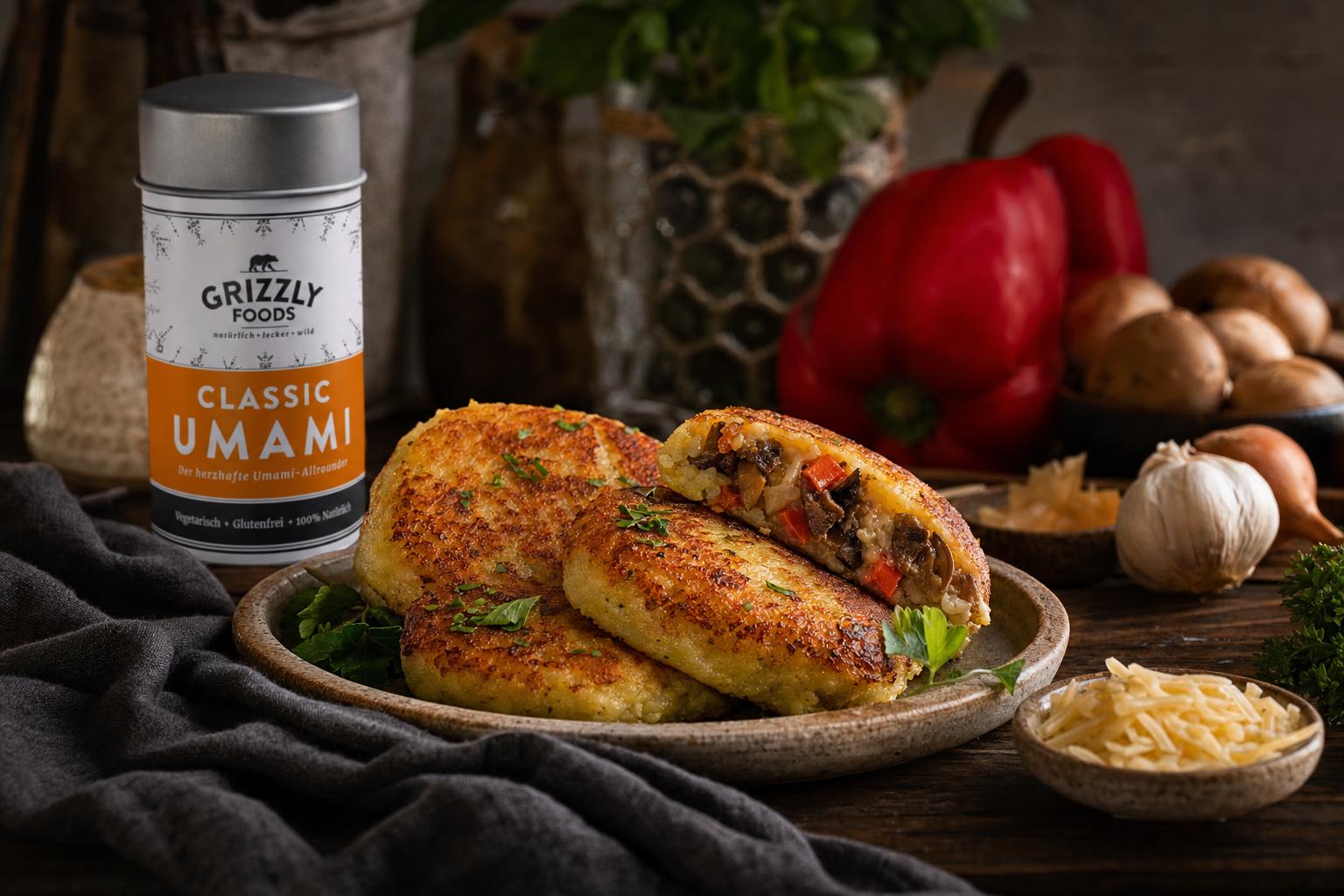 Goldbraune Kartoffelküchlein, gefüllt mit Pilzen, Paprika, Zwiebeln, Beef Jerky und geschmolzenem Cheddar, auf einem Teller angerichtet