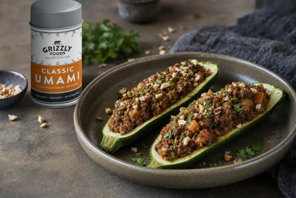 Zwei längs halbierte Zucchini, gefüllt mit Hackfleisch, bestreut mit gehackten Nüssen und Kräutern, auf einem grauen Teller angerichtet.