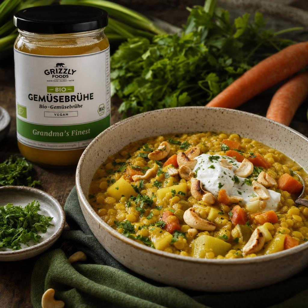 Schale mit gelbem Linseneintopf, garniert mit gerösteten Cashews, frischen Kräutern und cremiger Sauce, dazu sichtbare Gemüsewürfel.