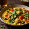 Cremiges Gemüse-Curry mit Zucchini, Blumenkohl und roter Paprika in goldener Kokosmilch, garniert mit frischem Koriander.