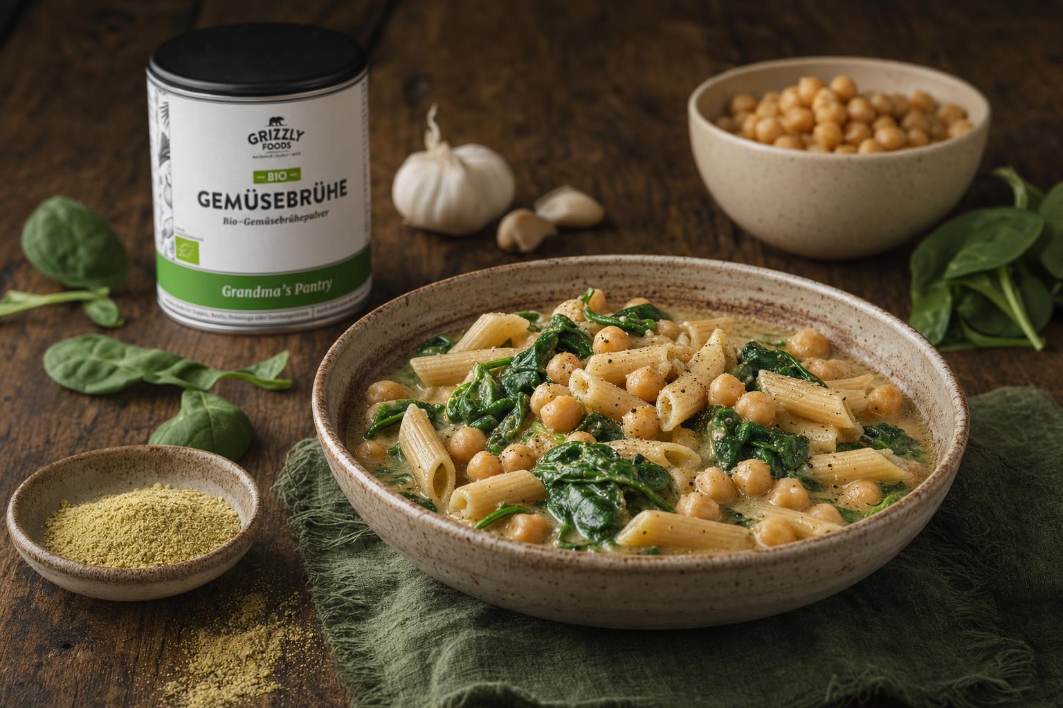 Penne mit Kichererbsen und frischem Spinat in cremiger Gemüsebrühe, garniert mit schwarzem Pfeffer, daneben Zutaten wie Brühepulver.