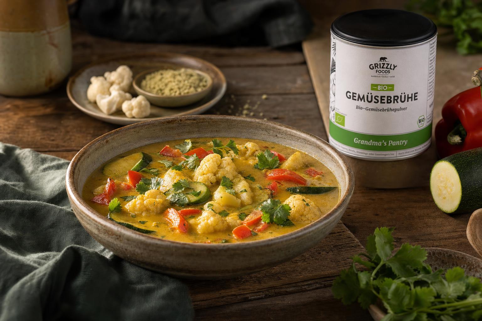 Cremiges Gemüsecurry mit Zucchini, Blumenkohl und roter Paprika in goldener Kokosmilch, garniert mit frischem Koriander.