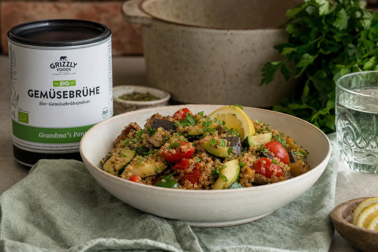Bunte Quinoapfanne mit Aubergine, Zucchini und Tomate, garniert mit frischer Petersilie und Zitronenspalte in einer weißen Schale.
