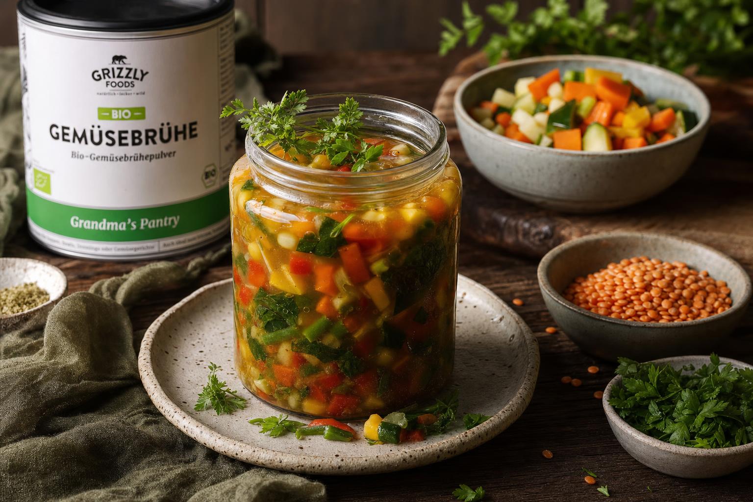 Ein Glas mit bunter Gemüsesuppe in klarer Brühe, garniert mit frischen Kräutern, umgeben von Schalen mit Gemüse und Linsen.