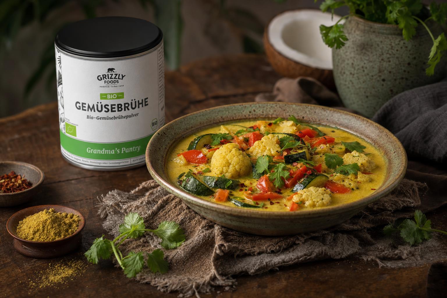 Cremiges Curry mit Zucchini, Paprika und Blumenkohl in Kokosmilchsauce, serviert in einer weißen Schüssel, garniert mit frischen Kräutern