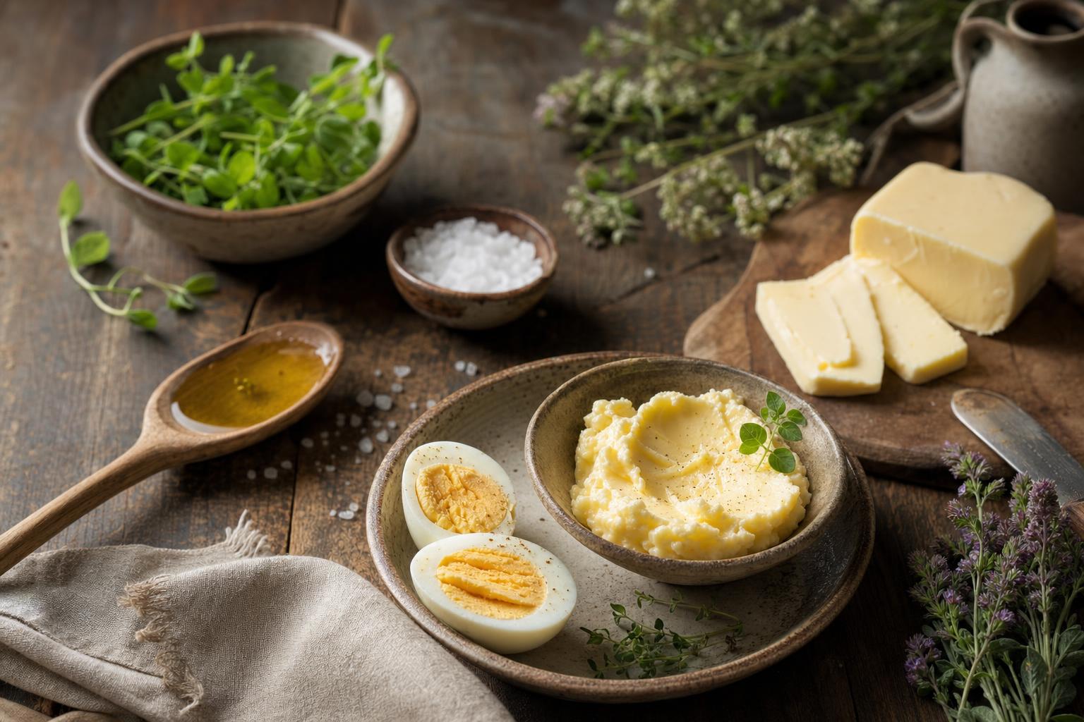 Holztisch mit Butter, hartgekochtem Ei, Öl im Holzlöffel, Salzschälchen und Kräutern, arrangiert als Zutaten für fettreiche Speisen