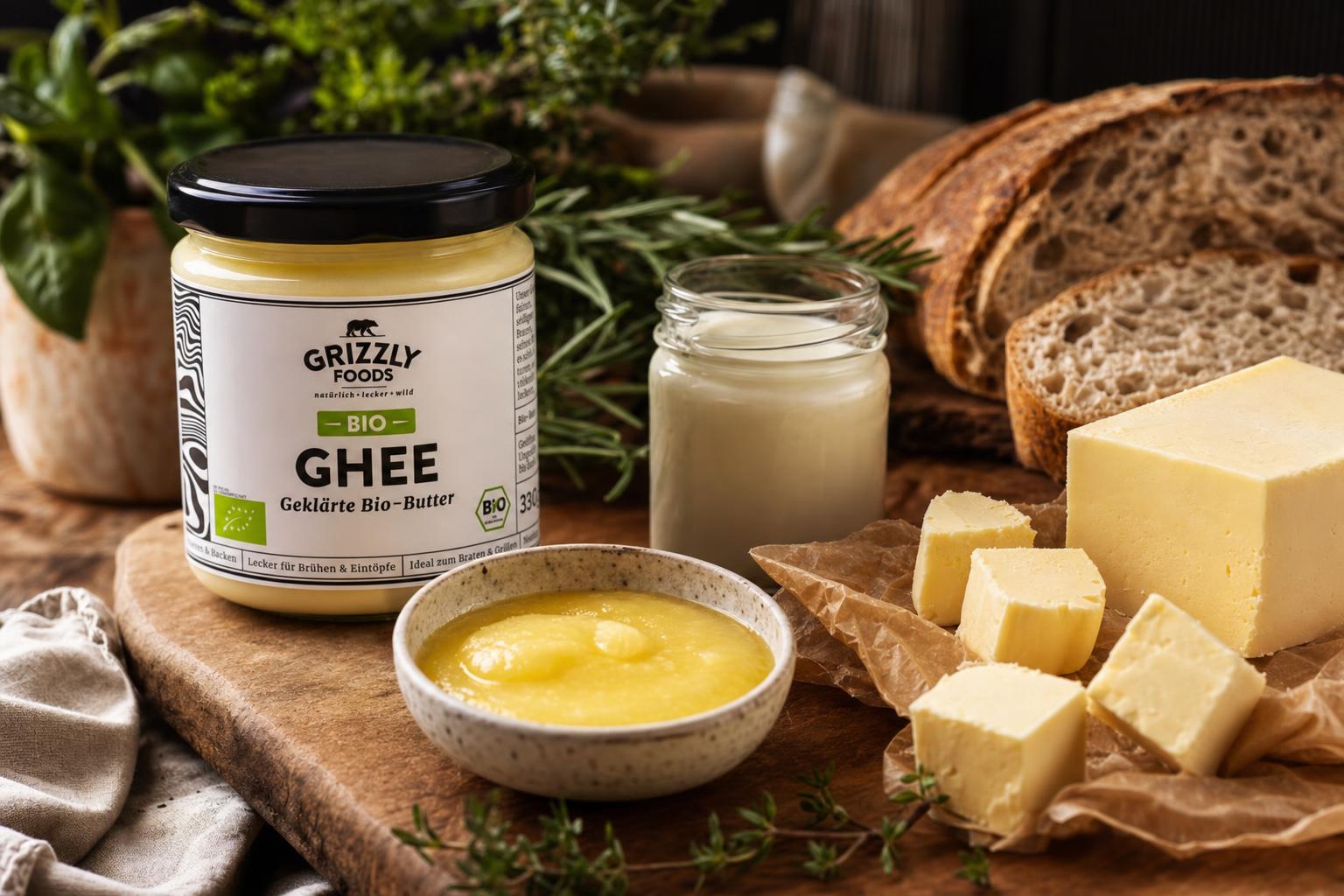 Schale mit Ghee, Butterstücke und ein Glas Sahne auf Holzbrett, dazu frische Kräuter und Brot im Hintergrund, warm ausgeleuchtet.