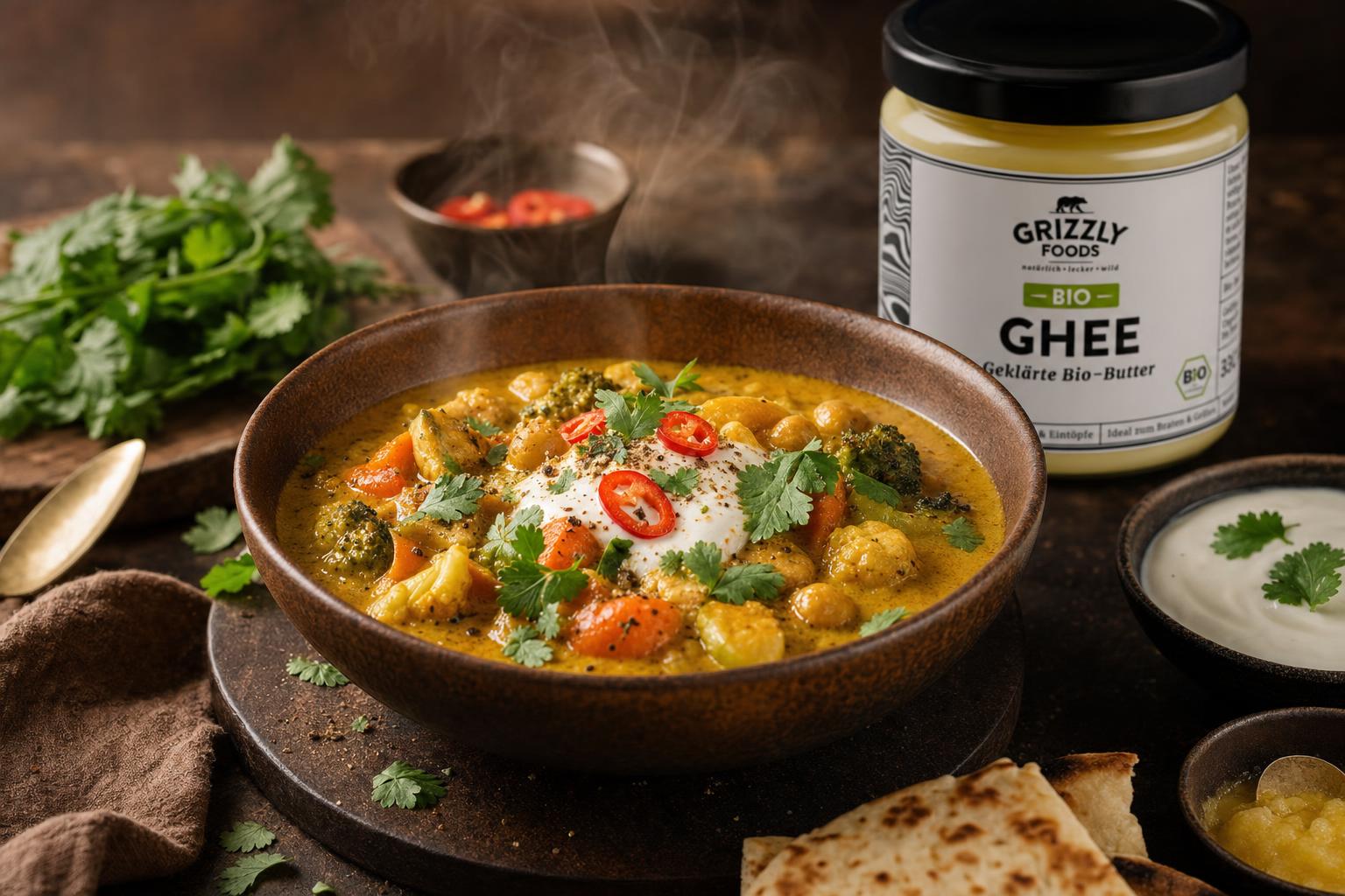Goldenes Curry mit Gemüse- oder Fleischstücken, garniert mit Koriander, roter Chili und Joghurt, serviert in einer braunen Schale mit Dampf.