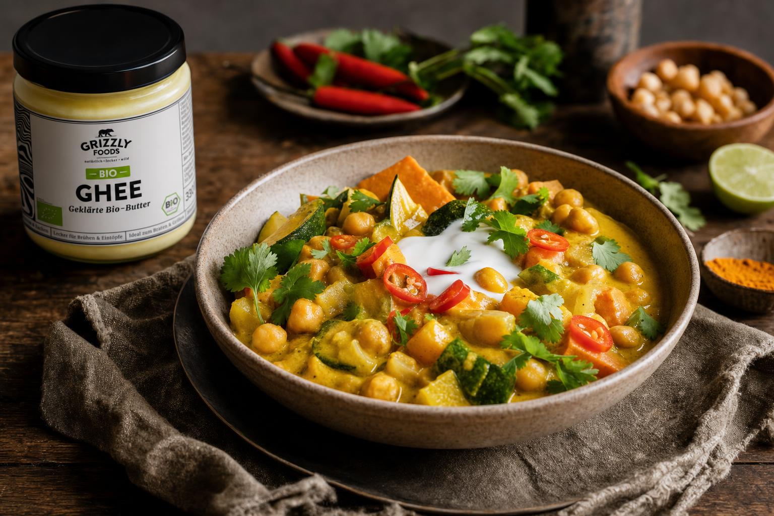 Gelbes Curry mit Gemüse und Kichererbsen in cremiger Sauce, garniert mit Koriander, roter Chili und einem Klecks Kokoscreme.