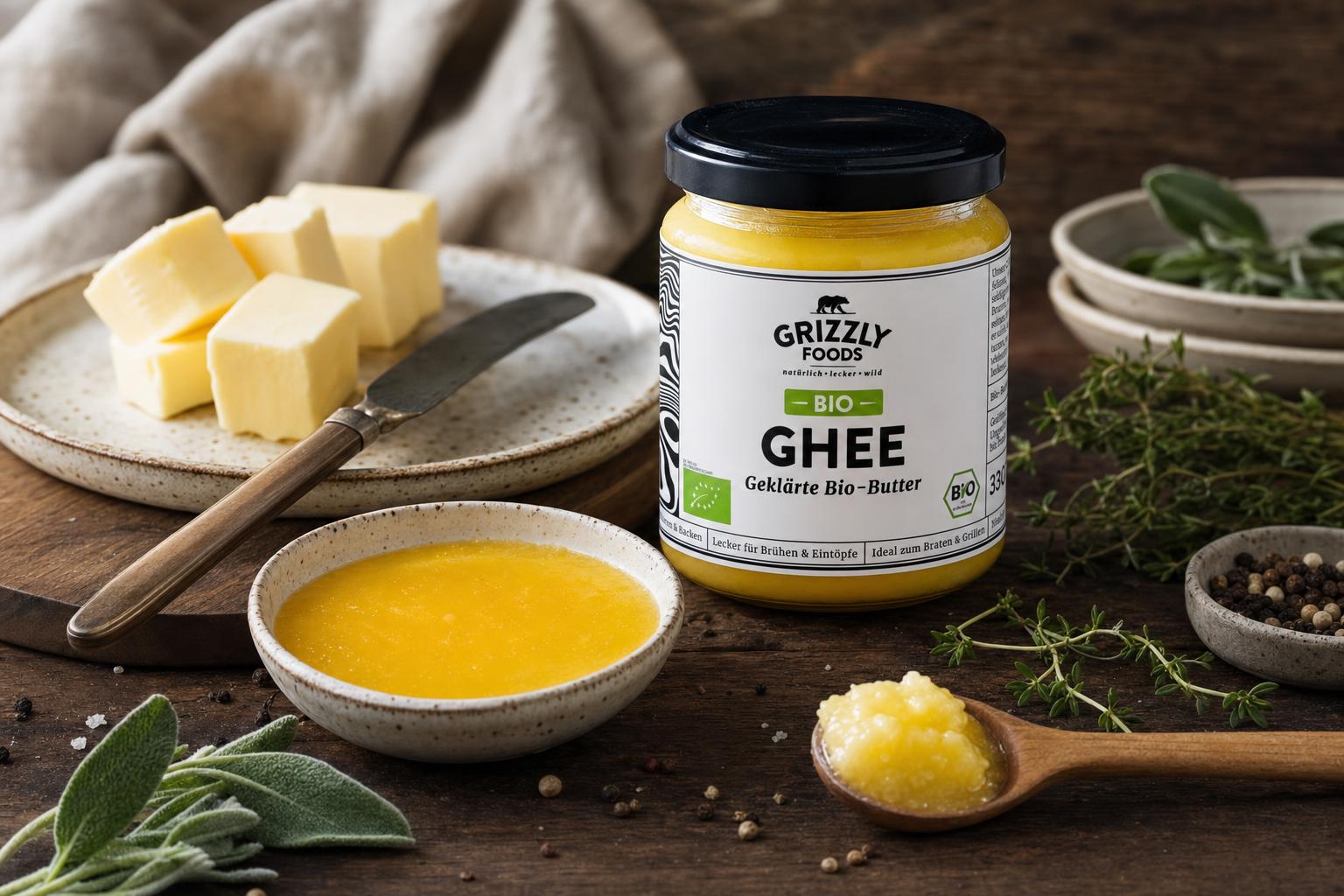 Glas und Schälchen mit goldgelbem Ghee auf Holztisch, daneben Butterstücke, Messer, frische Kräuter und Leinentuch im Hintergrund.