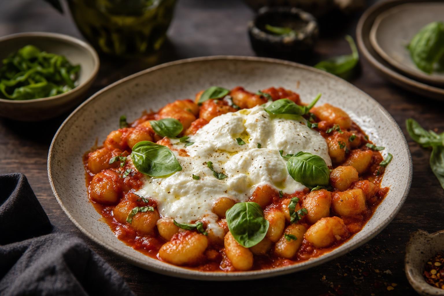 Gebackene Gnocchi in Tomatensoße, überzogen mit geschmolzener Burrata und garniert mit frischem Basilikum auf einem rustikalen Teller.