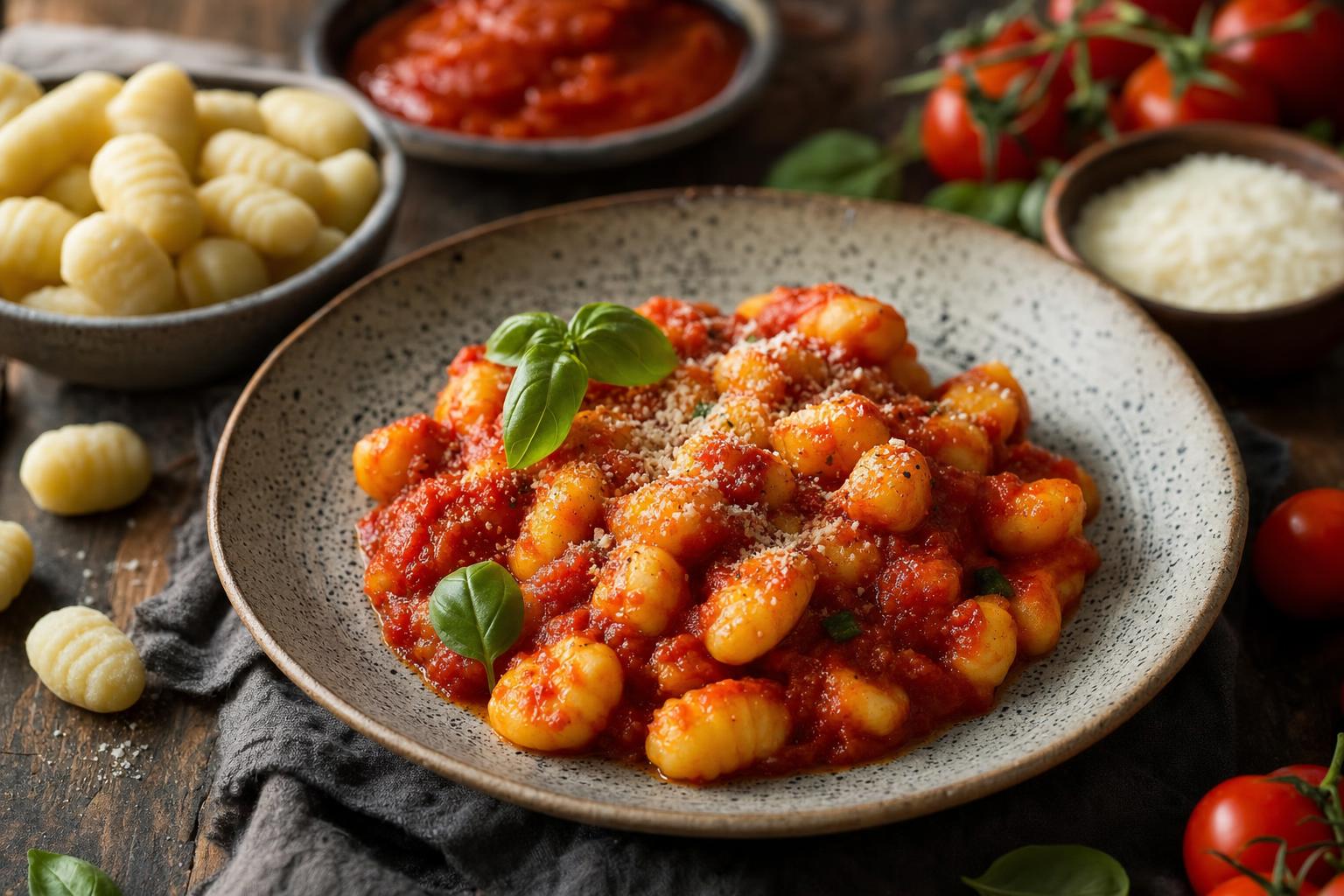 Gnocchi mit Tomatensoße auf einem Teller, bestreut mit Parmesan und garniert mit frischem Basilikum, daneben frische Tomaten und Gnocchi.